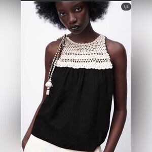 Zara Black Linen Crochet Halter Top Size XS LIKE NEW